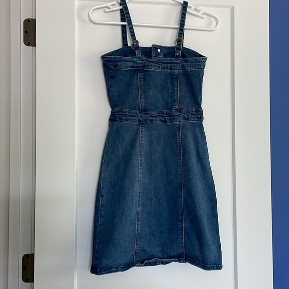 Blue jeans mini dress gold tone button front paneled a little stretch high waist - Picture 5 of 14